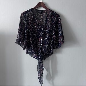 Angie Women's Button Down Floral Bird Sheer Top Front Tie L Boho Fairy Y2K